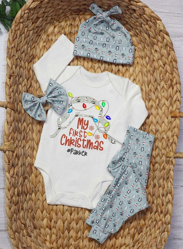 Personalized baby christmas outfit onesies set baby first christmas onesies bodysuit set snowman - BabiChic