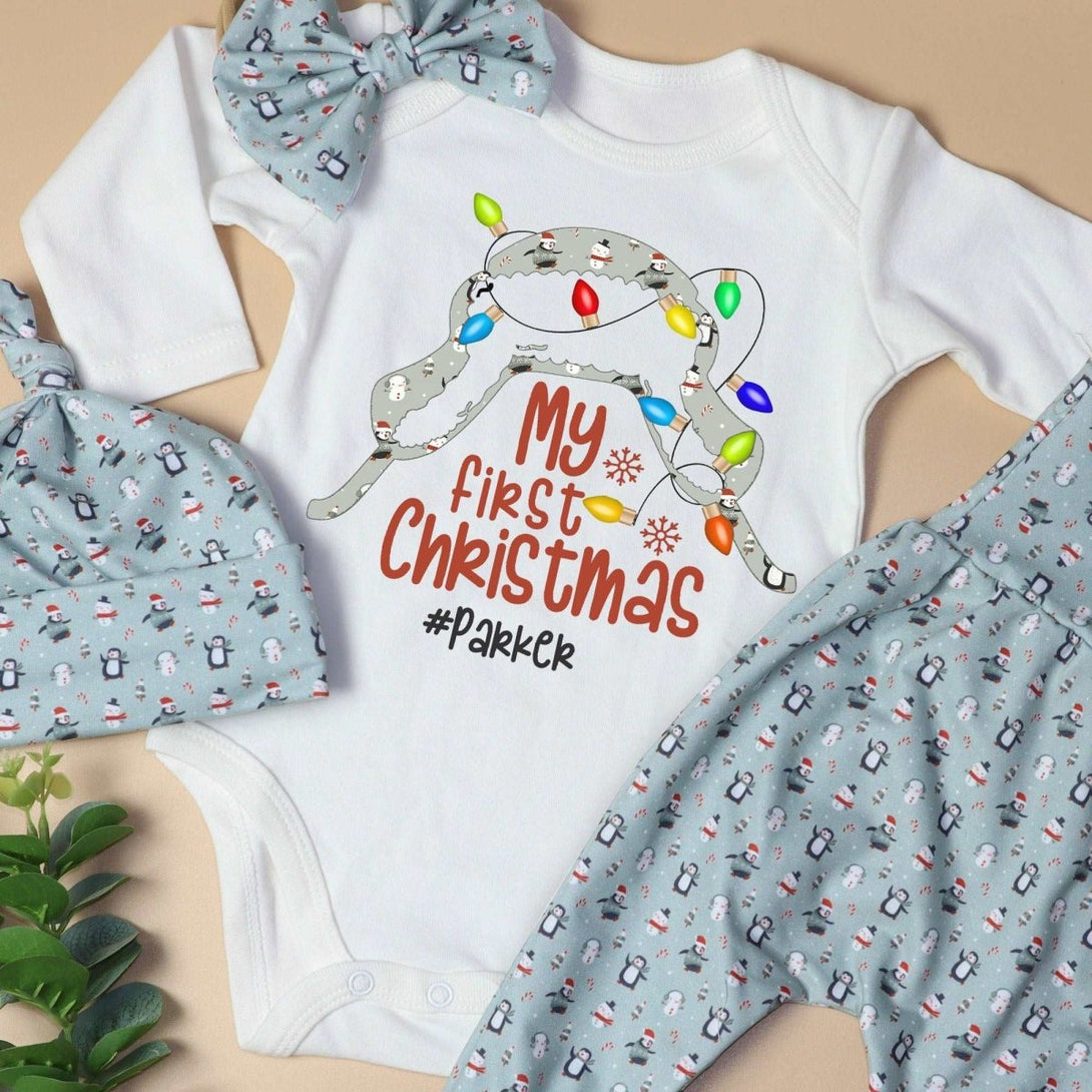 Personalized baby christmas outfit onesies set baby first christmas onesies bodysuit set snowman - BabiChic