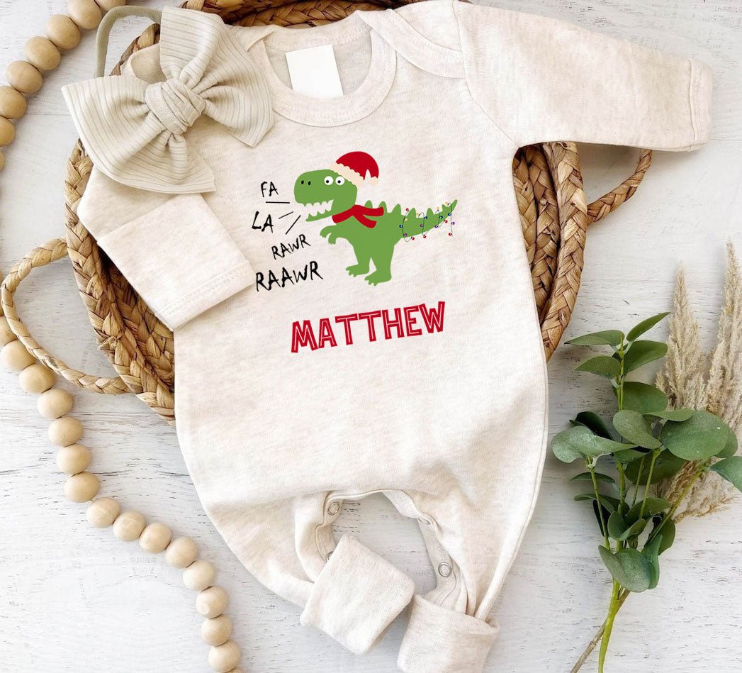 Personalized Baby First Christmas Romper - Dinosaur Xmas Light, Onesies Footie, Cute Bodysuit - BabiChic