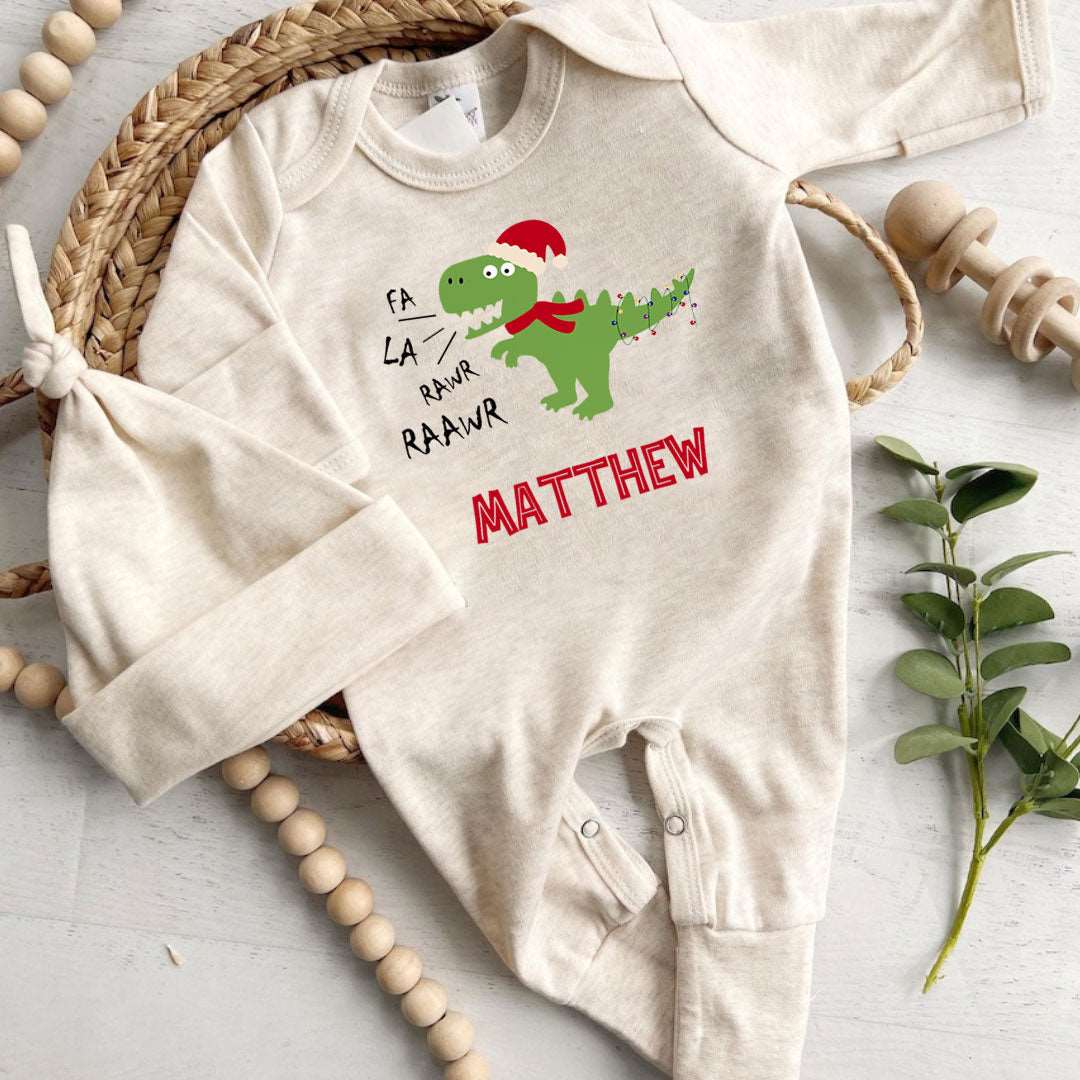 Personalized Baby First Christmas Romper - Dinosaur Xmas Light, Onesies Footie, Cute Bodysuit - BabiChic