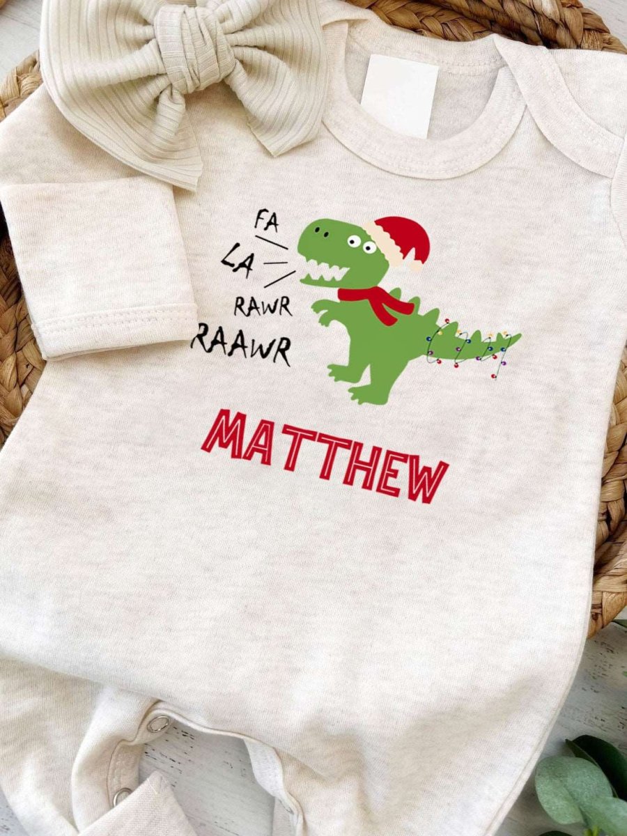 Personalized Baby First Christmas Romper - Dinosaur Xmas Light, Onesies Footie, Cute Bodysuit - BabiChic