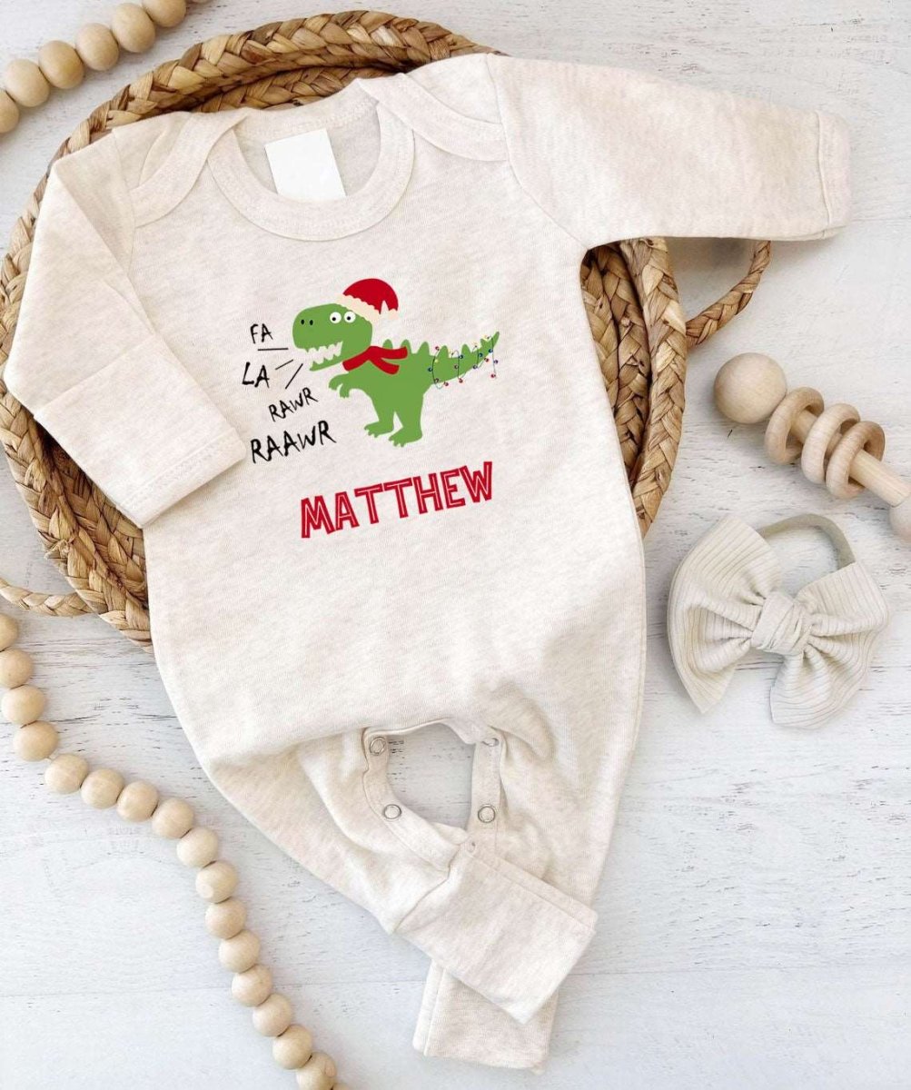 Personalized Baby First Christmas Romper - Dinosaur Xmas Light, Onesies Footie, Cute Bodysuit - BabiChic