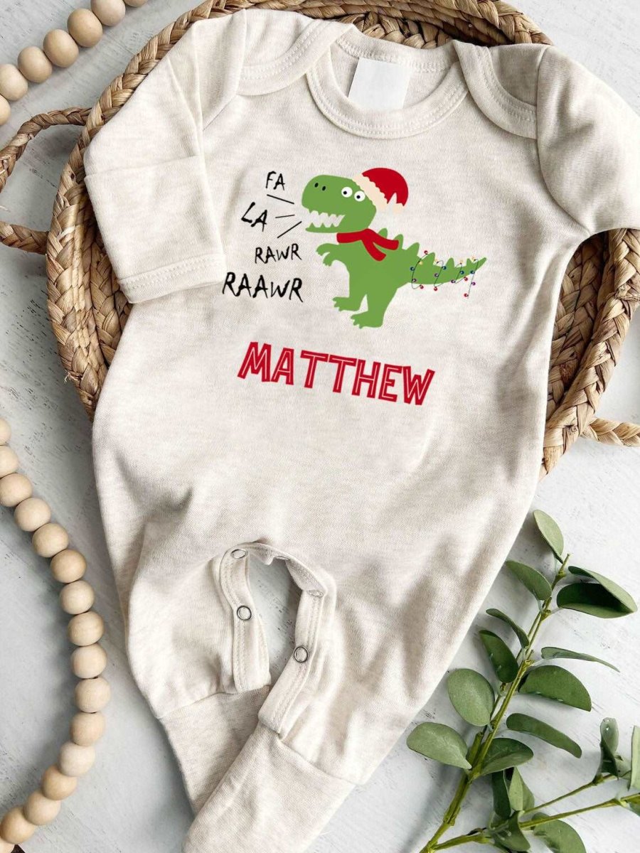 Personalized Baby First Christmas Romper - Dinosaur Xmas Light, Onesies Footie, Cute Bodysuit - BabiChic