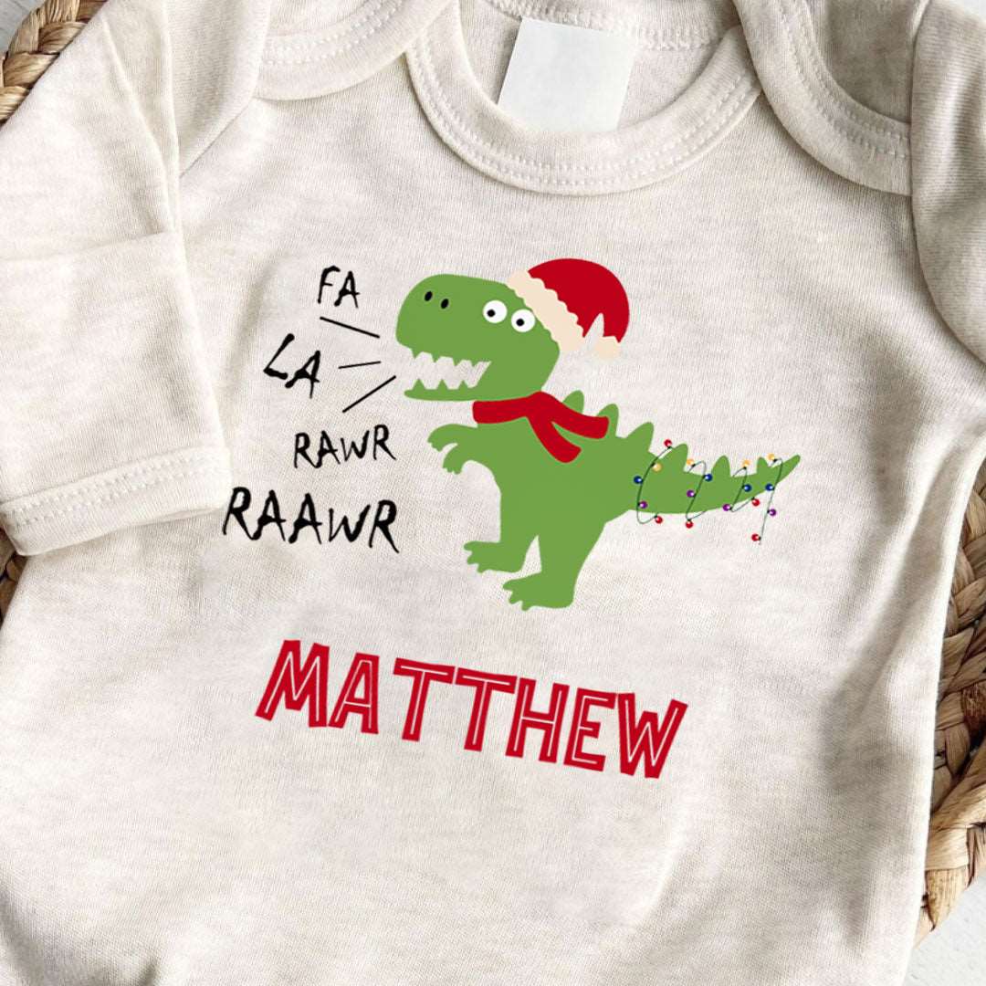 Personalized Baby First Christmas Romper - Dinosaur Xmas Light, Onesies Footie, Cute Bodysuit - BabiChic