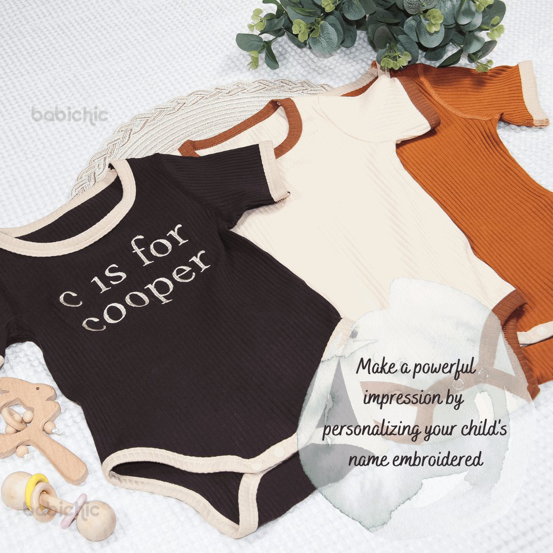 Personalized Baby Gender Neutral Onesie With Embroidered Name, Short Sleeves, Ribbed Cotton - BabiChic