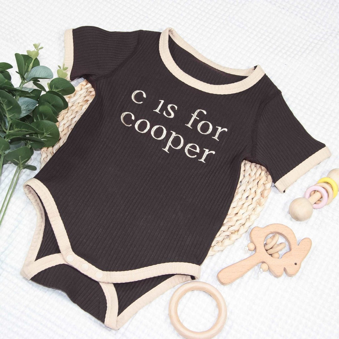 Personalized Baby Gender Neutral Onesie With Embroidered Name, Short Sleeves, Ribbed Cotton - BabiChic