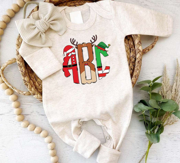 Personalized Baby Girl 1st Christmas Monogram Romper - Custom Alphabet Name, Cute Xmas Bodysuit - BabiChic