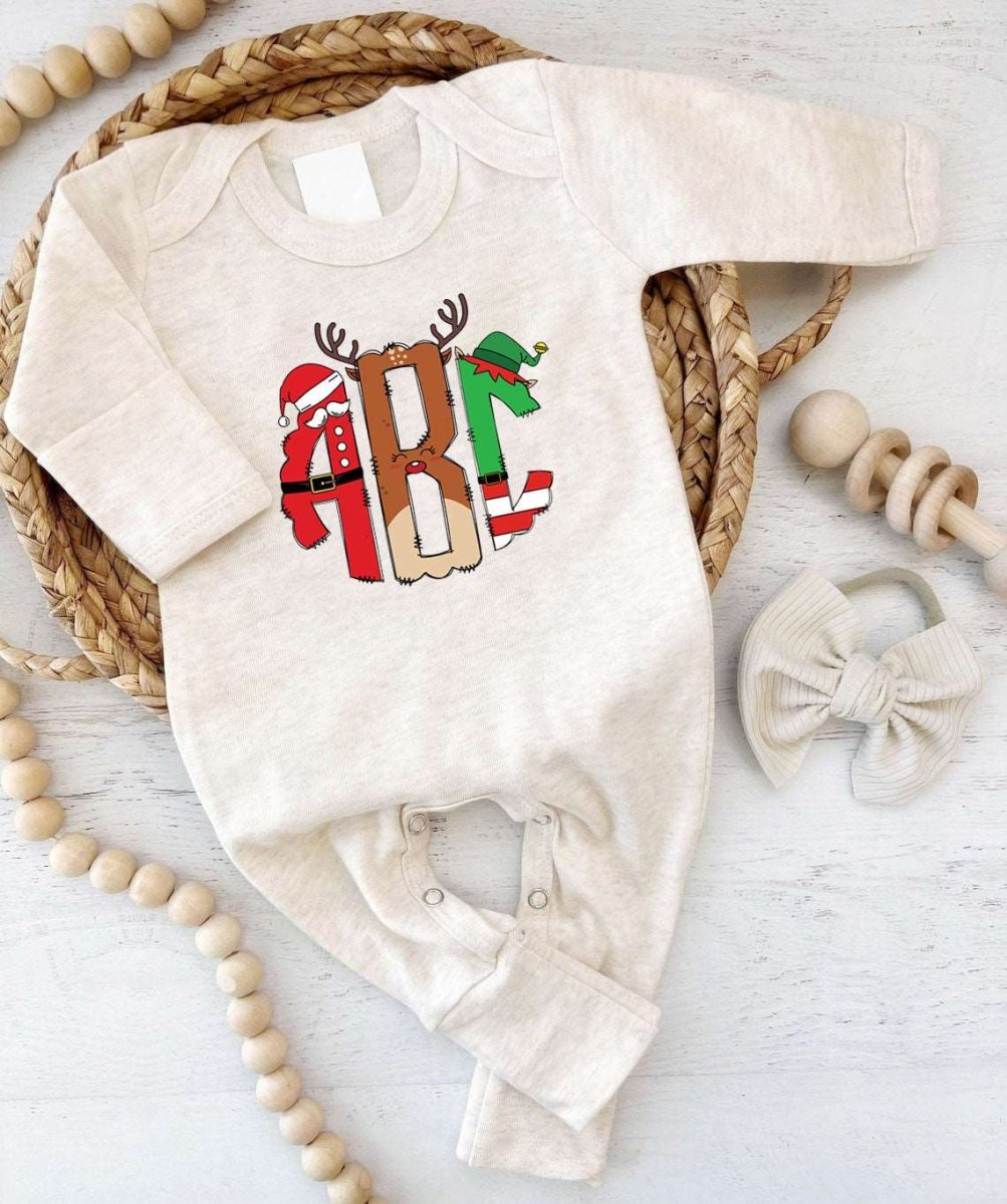 Personalized Baby Girl 1st Christmas Monogram Romper - Custom Alphabet Name, Cute Xmas Bodysuit - BabiChic