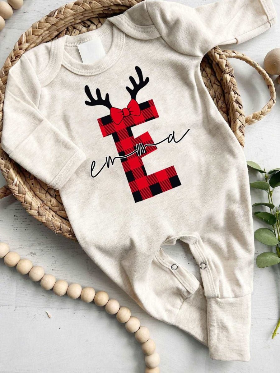 Personalized Baby Girl 1st Christmas Monogram Romper - Custom Buffalo Plaid Onesie, Cute Xmas Bodysuit - BabiChic