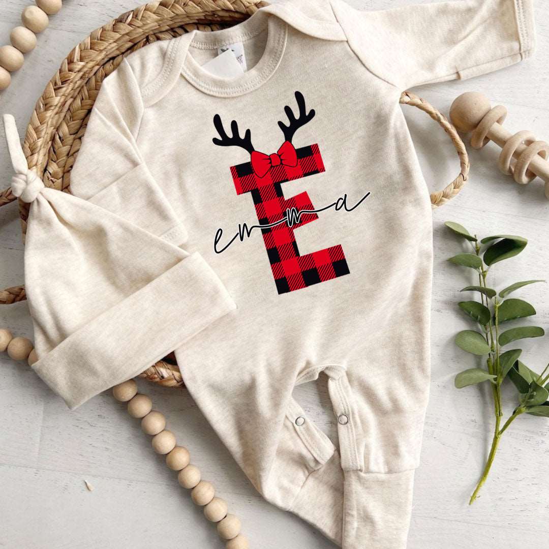 Personalized Baby Girl 1st Christmas Monogram Romper - Custom Buffalo Plaid Onesie, Cute Xmas Bodysuit - BabiChic