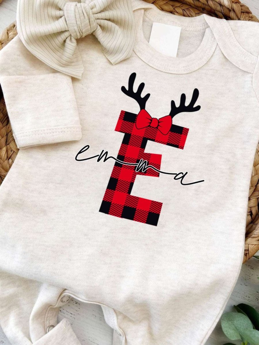 Personalized Baby Girl 1st Christmas Monogram Romper - Custom Buffalo Plaid Onesie, Cute Xmas Bodysuit - BabiChic