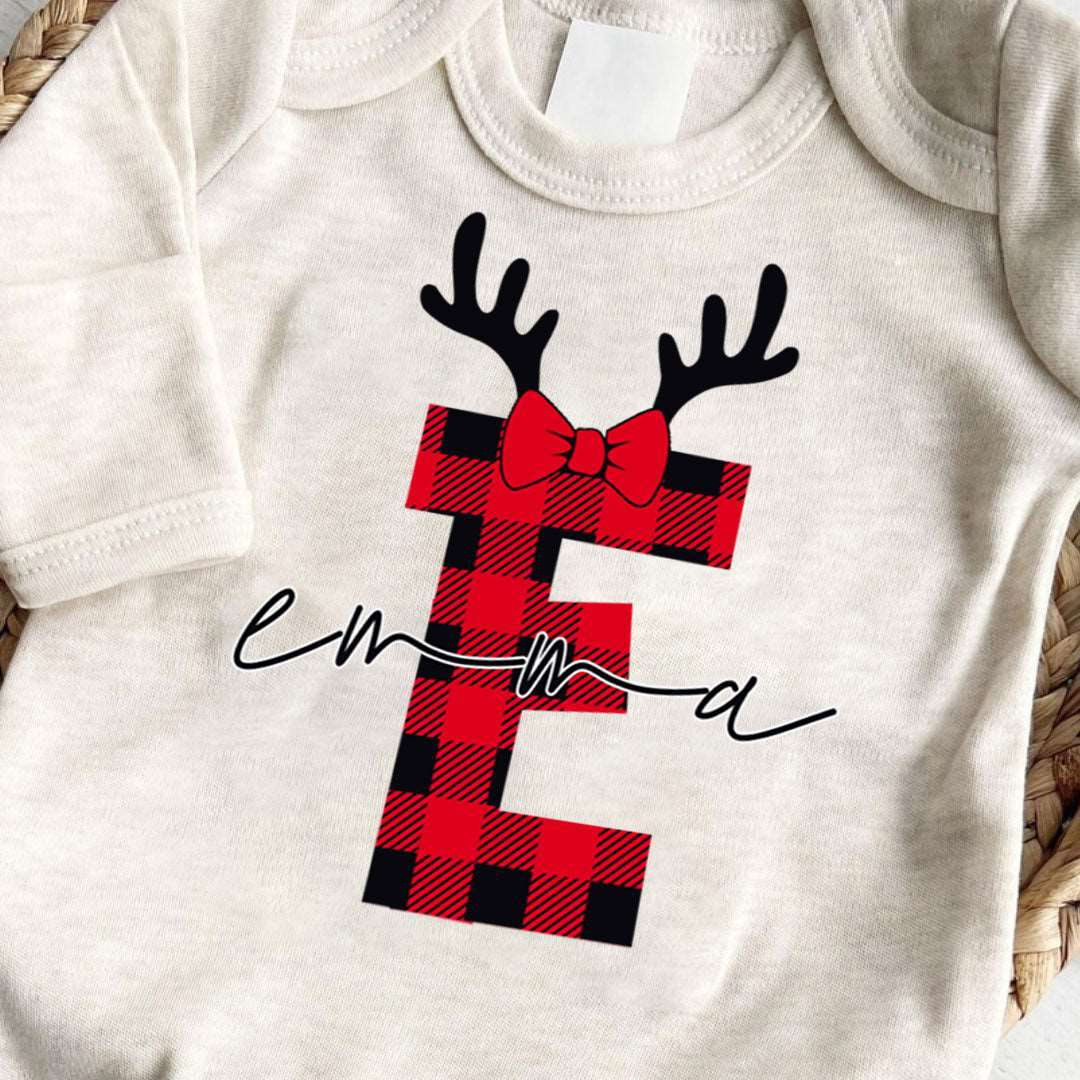 Personalized Baby Girl 1st Christmas Monogram Romper - Custom Buffalo Plaid Onesie, Cute Xmas Bodysuit - BabiChic