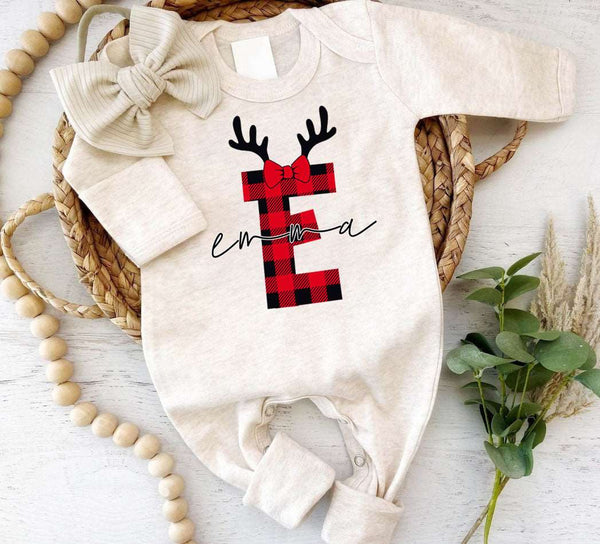 Personalized Baby Girl 1st Christmas Monogram Romper - Custom Buffalo Plaid Onesie, Cute Xmas Bodysuit - BabiChic