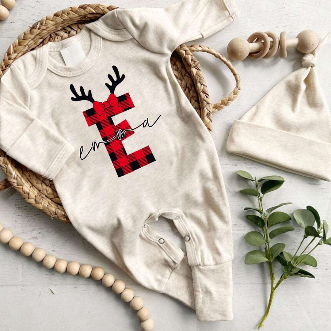 Personalized Baby Girl 1st Christmas Monogram Romper - Custom Buffalo Plaid Onesie, Cute Xmas Bodysuit - BabiChic