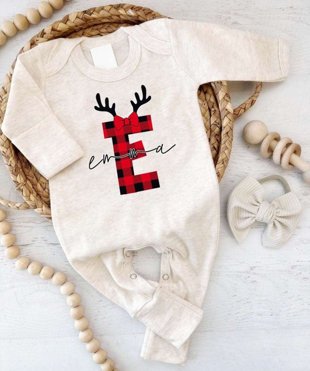 Personalized Baby Girl 1st Christmas Monogram Romper - Custom Buffalo Plaid Onesie, Cute Xmas Bodysuit - BabiChic