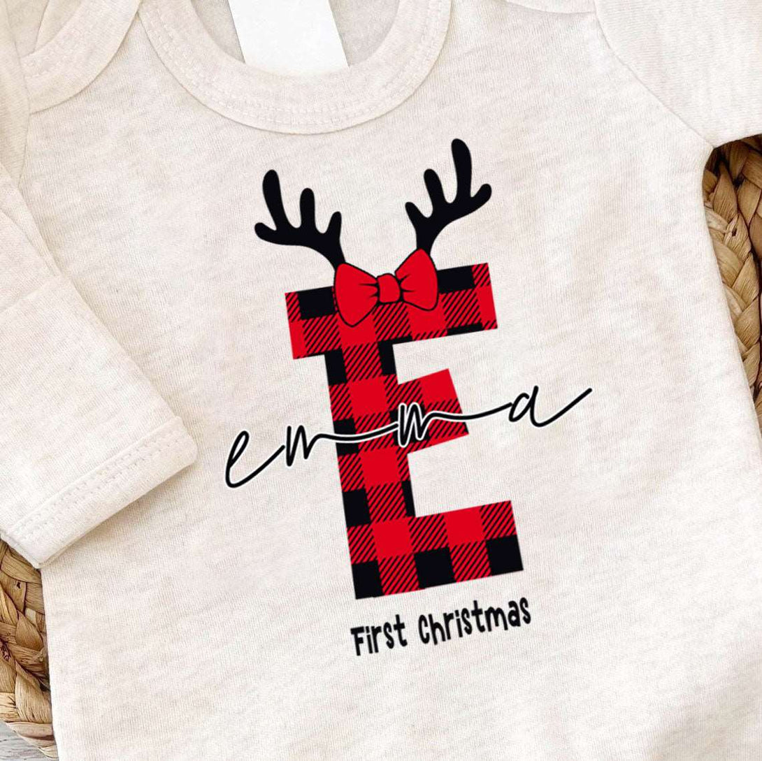 Personalized Baby Girl 1st Christmas Romper - Custom Buffalo Plaid Onesie, Cute Xmas Bodysuit - BabiChic