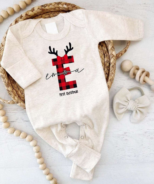 Personalized Baby Girl 1st Christmas Romper - Custom Buffalo Plaid Onesie, Cute Xmas Bodysuit - BabiChic