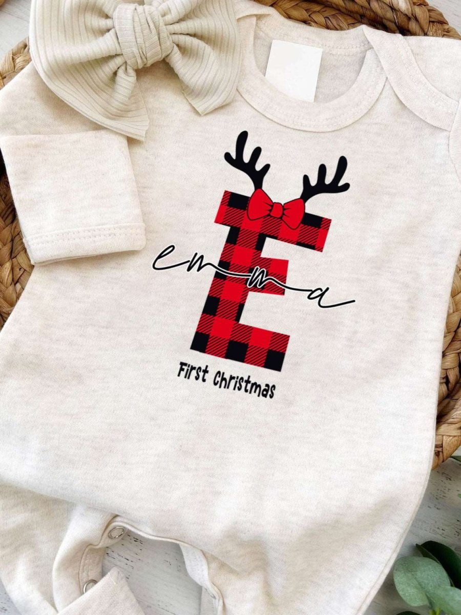 Personalized Baby Girl 1st Christmas Romper - Custom Buffalo Plaid Onesie, Cute Xmas Bodysuit - BabiChic