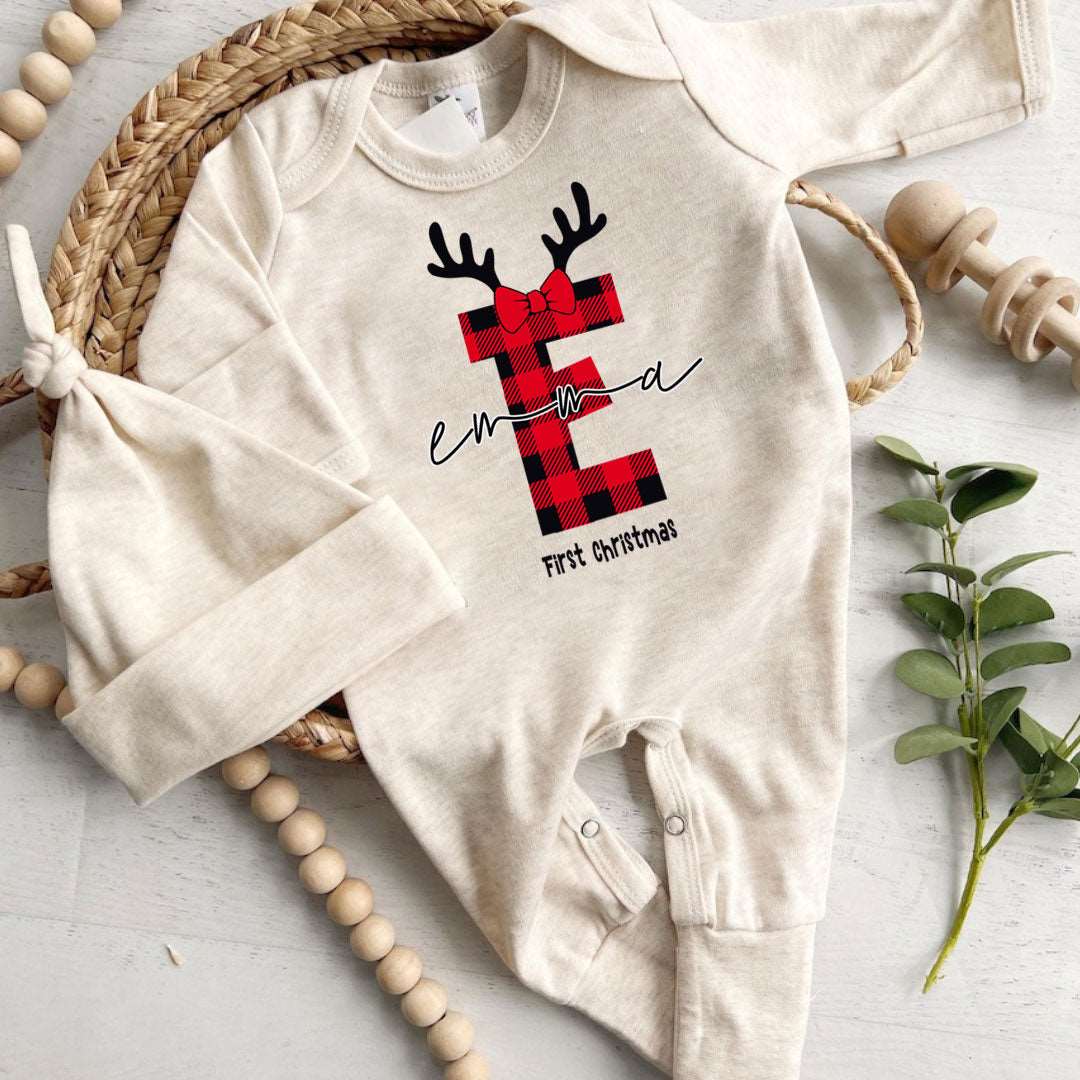 Personalized Baby Girl 1st Christmas Romper - Custom Buffalo Plaid Onesie, Cute Xmas Bodysuit - BabiChic