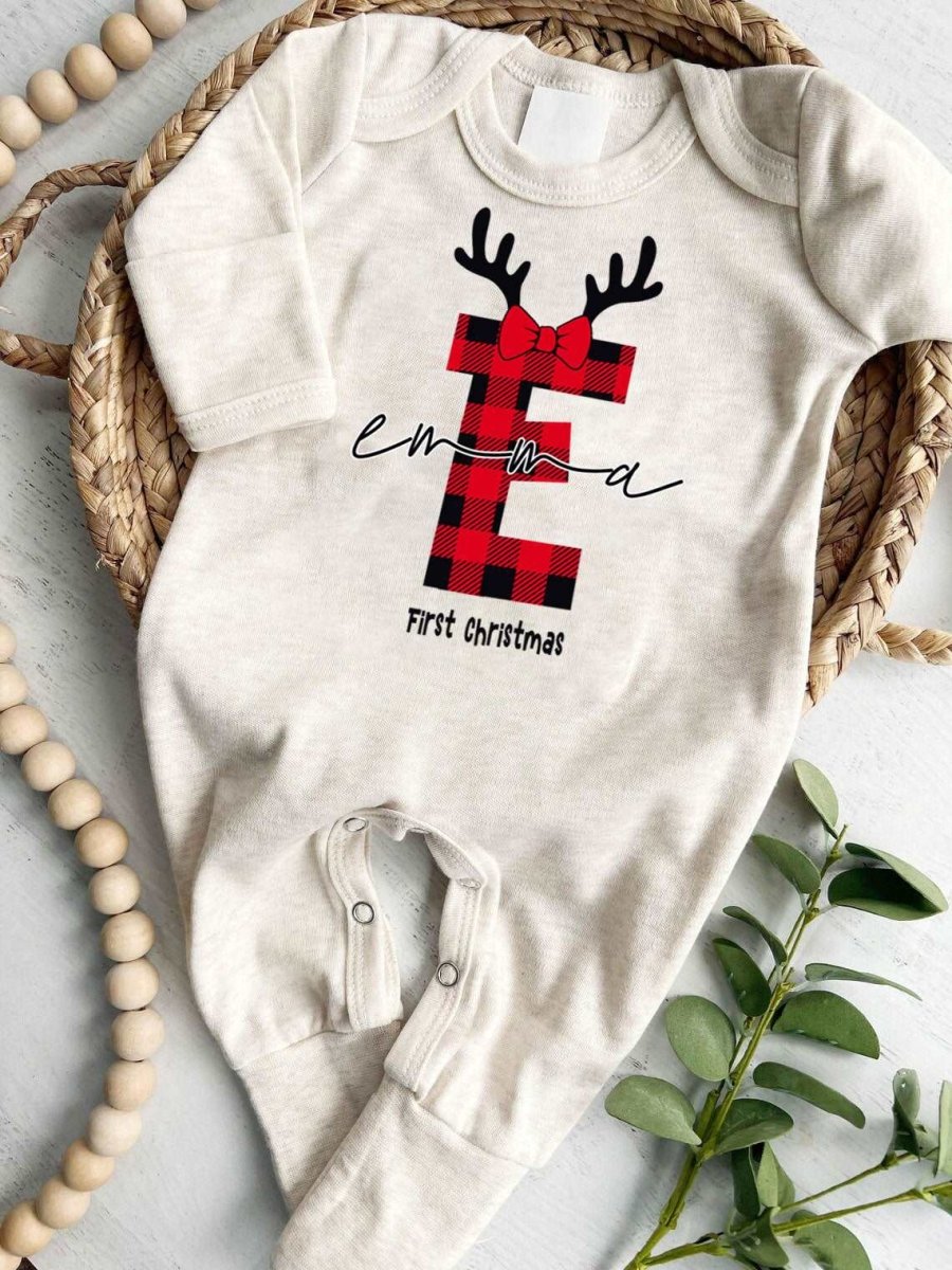 Personalized Baby Girl 1st Christmas Romper - Custom Buffalo Plaid Onesie, Cute Xmas Bodysuit - BabiChic