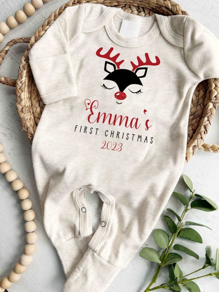 Personalized Baby Girl Romper - 1st Xmas Onesie, Reindeer Outfit, Holiday Gift Set - BabiChic