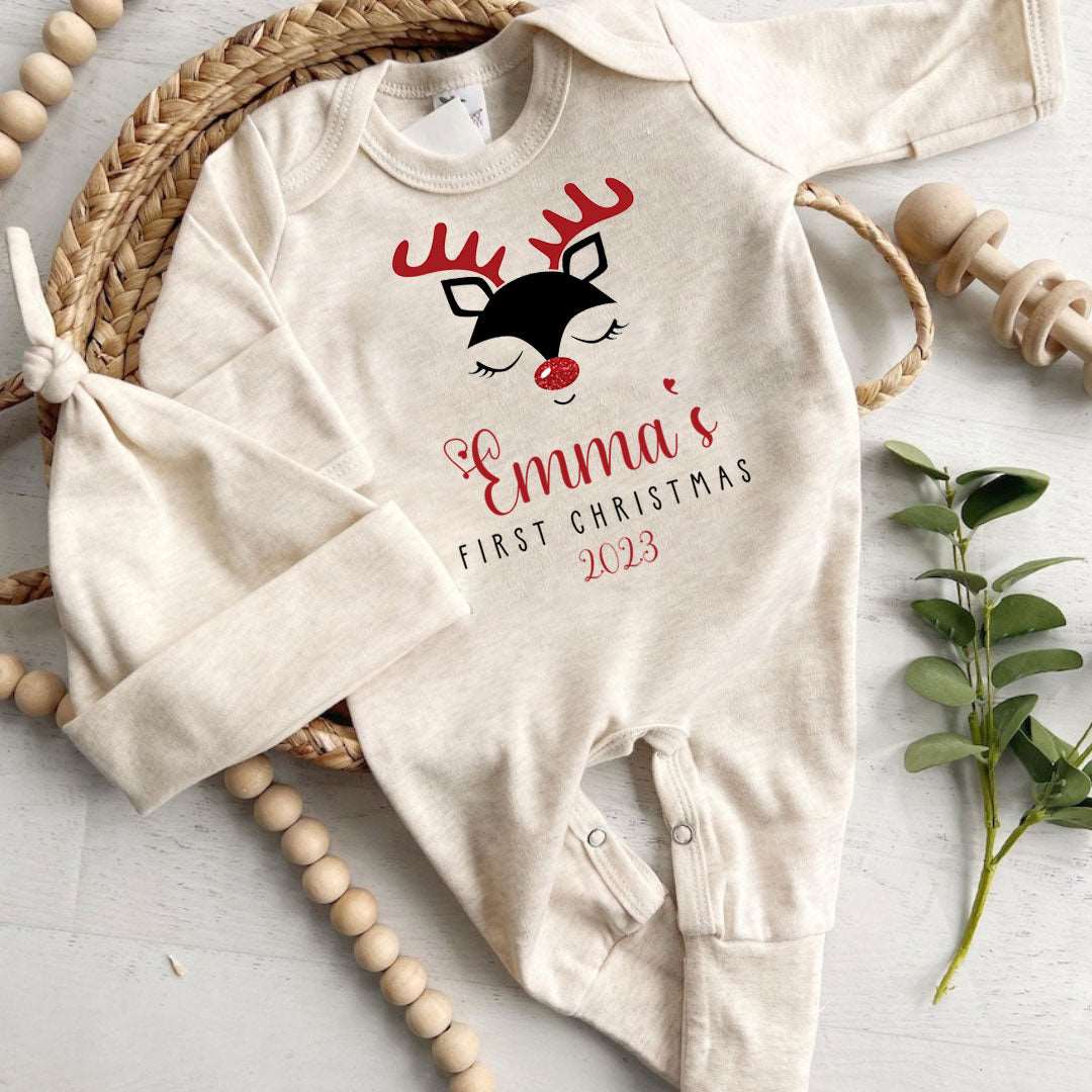 Personalized Baby Girl Romper - 1st Xmas Onesie, Reindeer Outfit, Holiday Gift Set - BabiChic