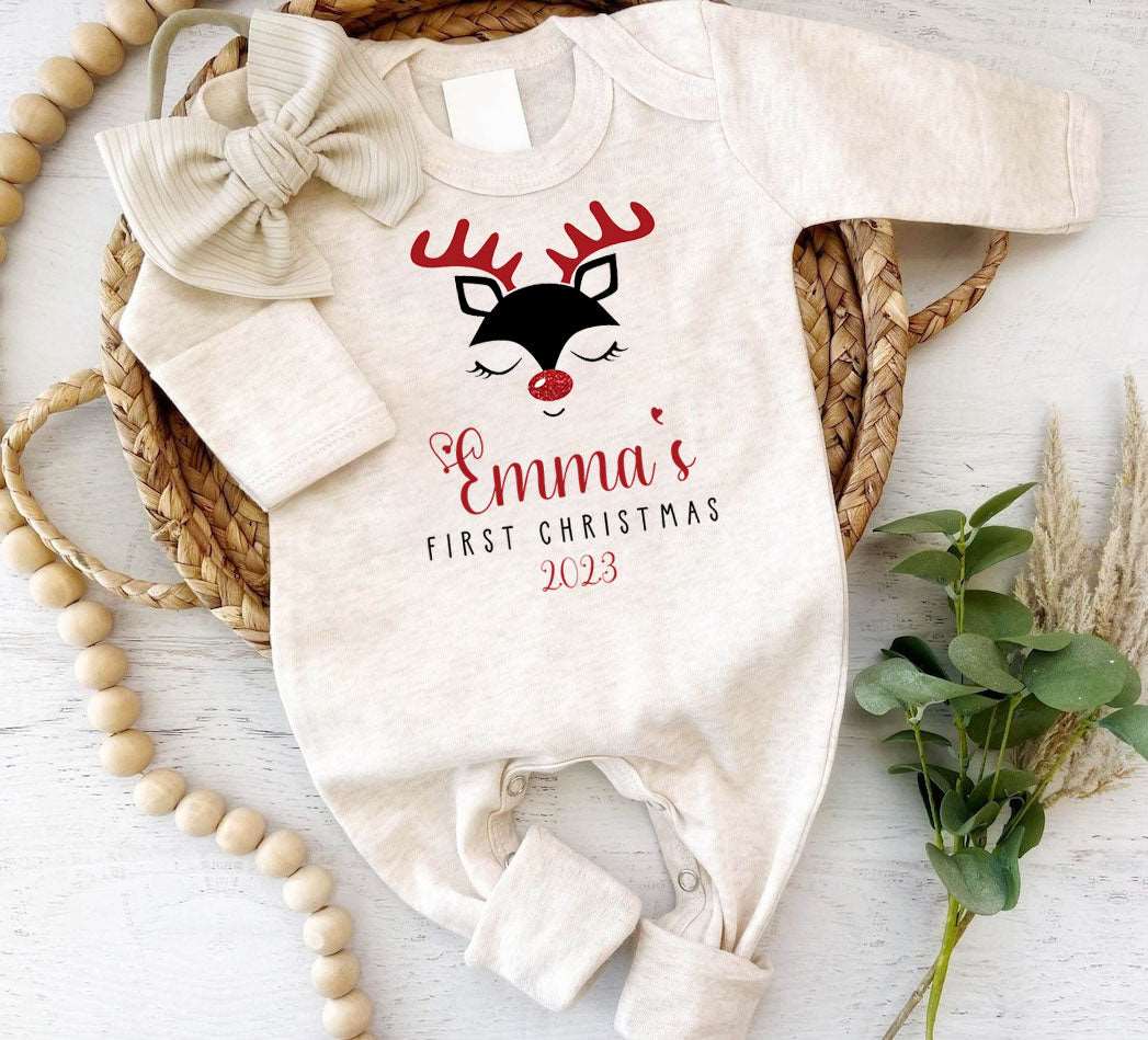 Personalized Baby Girl Romper - 1st Xmas Onesie, Reindeer Outfit, Holiday Gift Set - BabiChic