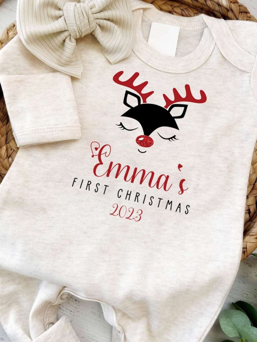 Personalized Baby Girl Romper - 1st Xmas Onesie, Reindeer Outfit, Holiday Gift Set - BabiChic