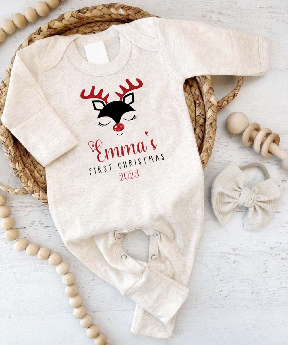 Personalized Baby Girl Romper - 1st Xmas Onesie, Reindeer Outfit, Holiday Gift Set - BabiChic