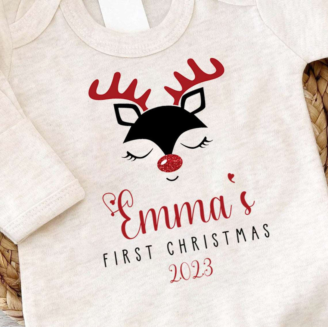 Personalized Baby Girl Romper - 1st Xmas Onesie, Reindeer Outfit, Holiday Gift Set - BabiChic