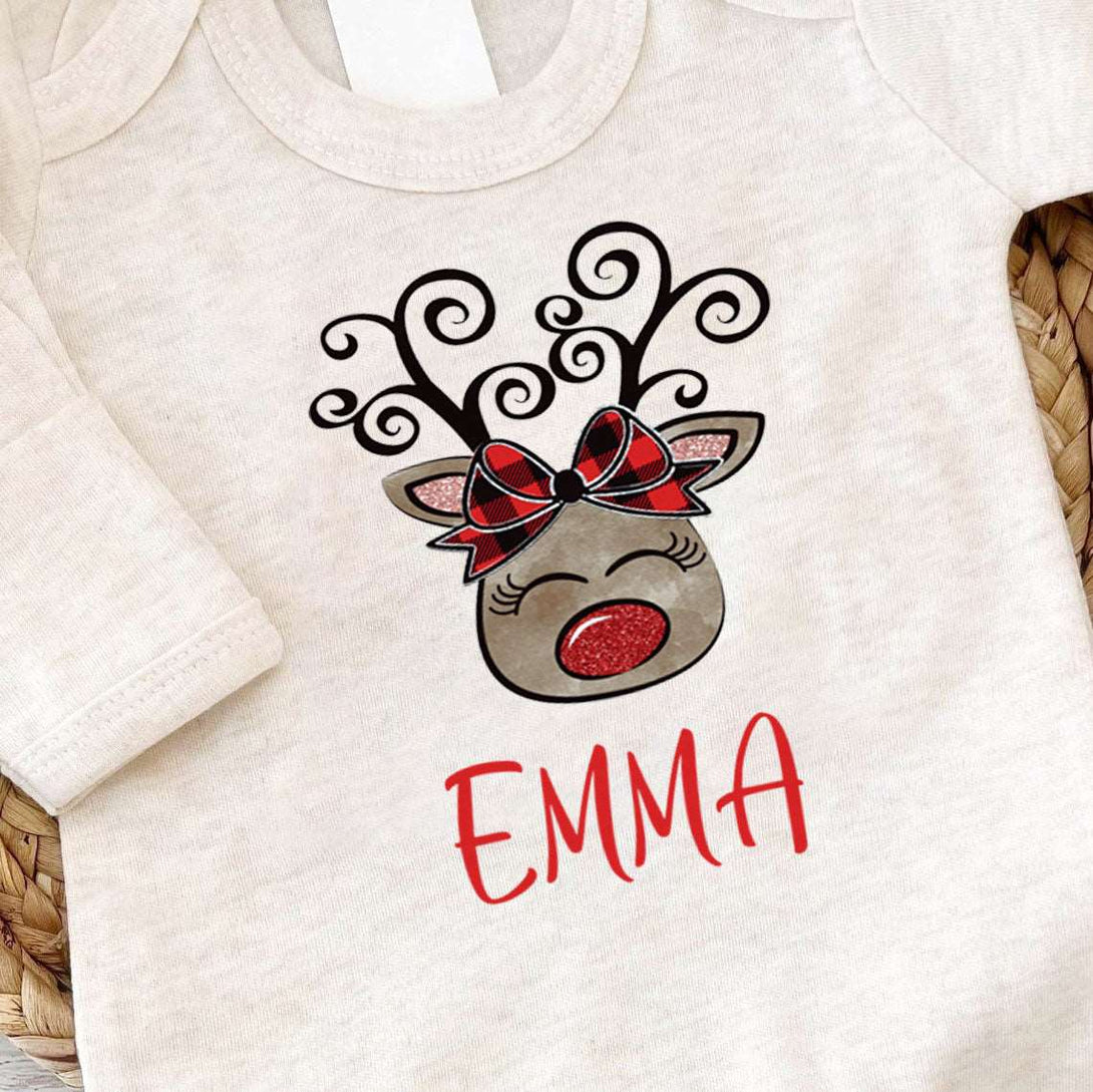 Personalized Baby Girl Romper - 1st Xmas Reindeer Onesies, Holiday Gift, Cute Christmas Outfit - BabiChic