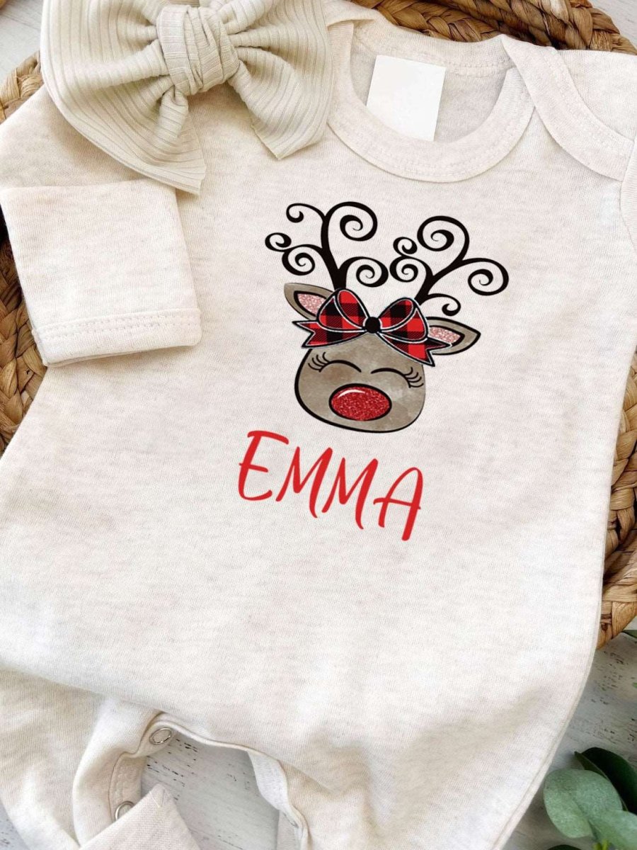 Personalized Baby Girl Romper - 1st Xmas Reindeer Onesies, Holiday Gift, Cute Christmas Outfit - BabiChic