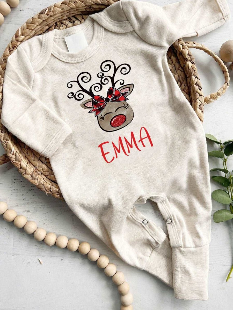 Personalized Baby Girl Romper - 1st Xmas Reindeer Onesies, Holiday Gift, Cute Christmas Outfit - BabiChic