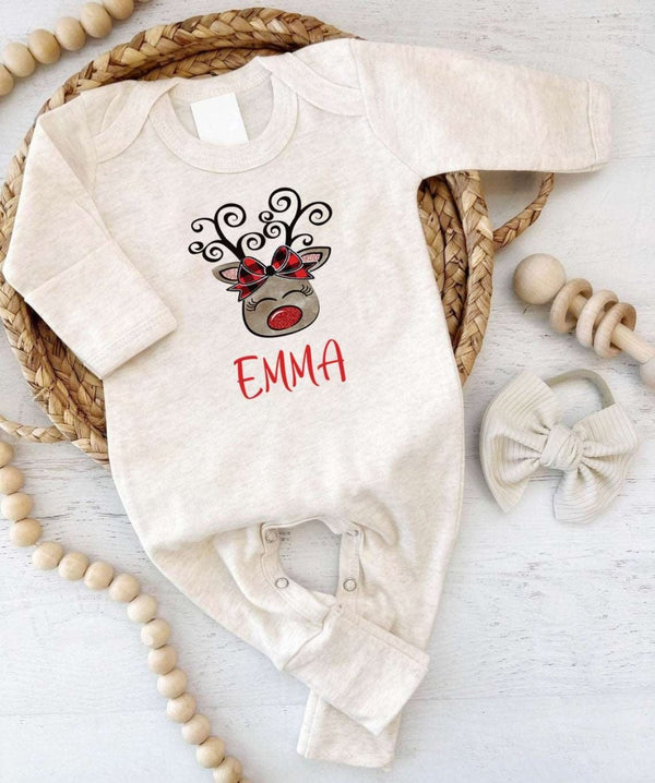 Personalized Baby Girl Romper - 1st Xmas Reindeer Onesies, Holiday Gift, Cute Christmas Outfit - BabiChic