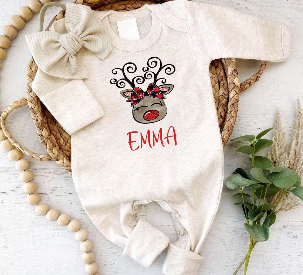 Personalized Baby Girl Romper - 1st Xmas Reindeer Onesies, Holiday Gift, Cute Christmas Outfit - BabiChic