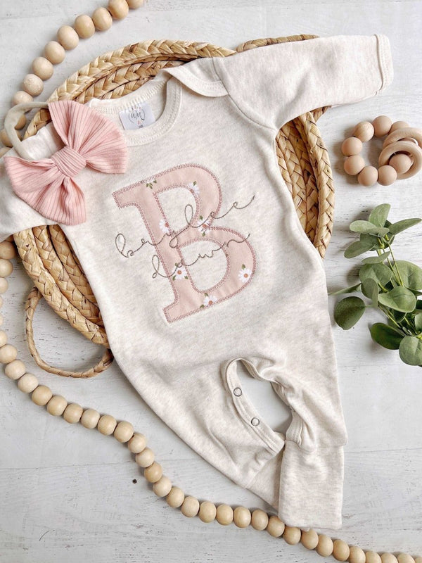 Personalized Baby Girl Romper And Bow Set Vintage Floral Newborn Coming Home Outfit With Embroidered Baby Name - BabiChic