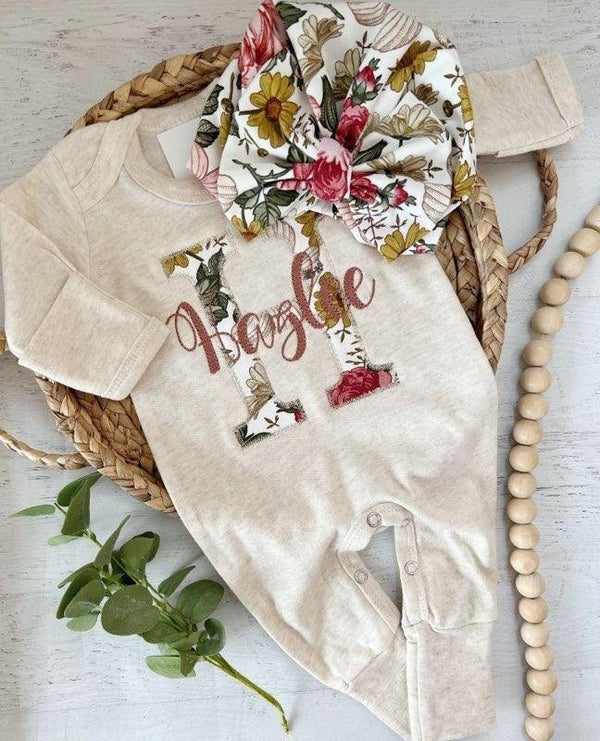 Personalized Baby Girl Romper & Hat Set, Vintage Floral Newborn Going Home Outfit, Baby Shower Gift - BabiChic
