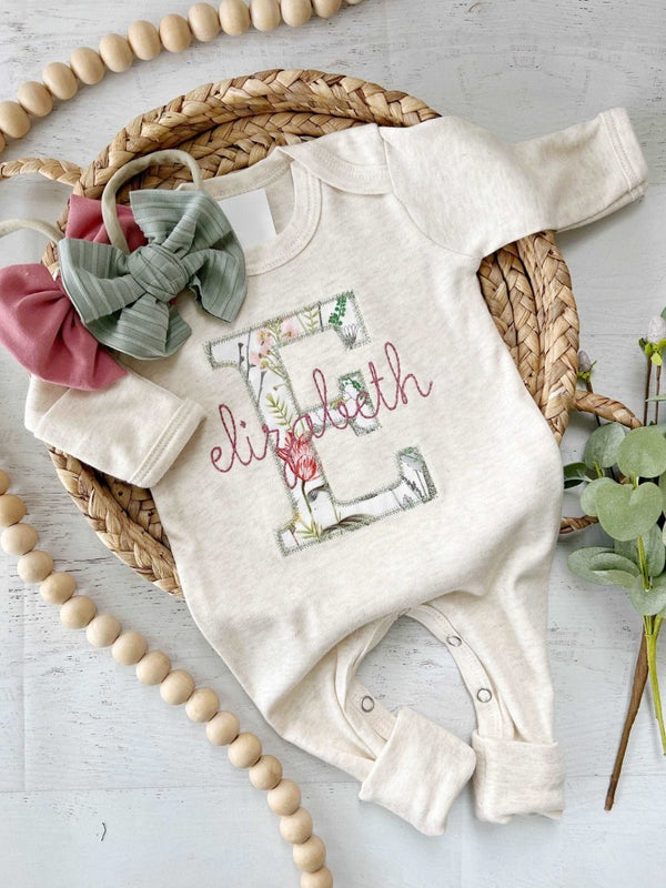 Personalized Baby Girl Romper, Vintage Blush Floral Baby Outfits With Embroidered Name - BabiChic