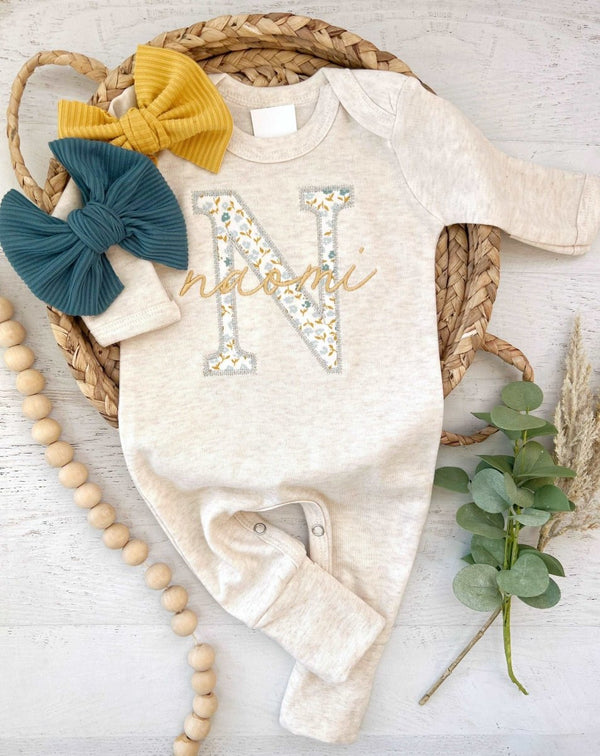 Personalized Baby Girl Romper Vintage Floral Coming Home Outfit, Embroidered Name - BabiChic
