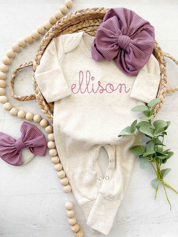 Personalized Baby Girl Romper with Bow or Turban | Oatmeal Romper Mauve Baby Name | Newborn Coming Home Outfit - BabiChic