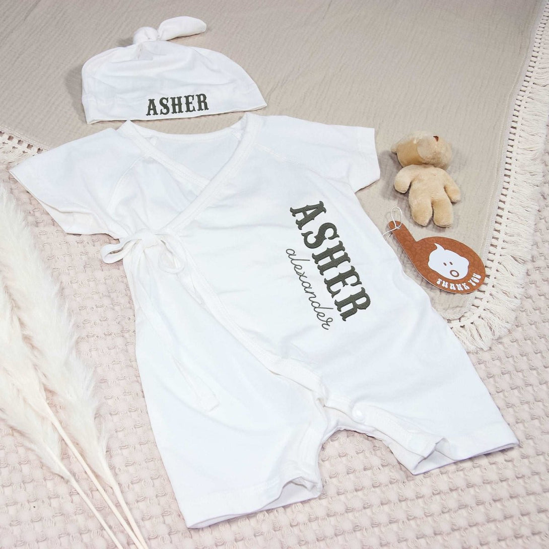 Personalized Baby Kimono Romper & Knotted Hat Set Gender Neutral Baby Clothes With Embroidered Name - BabiChic