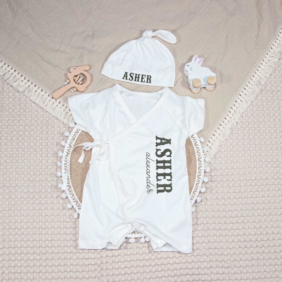 Personalized Baby Kimono Romper & Knotted Hat Set Gender Neutral Baby Clothes With Embroidered Name - BabiChic