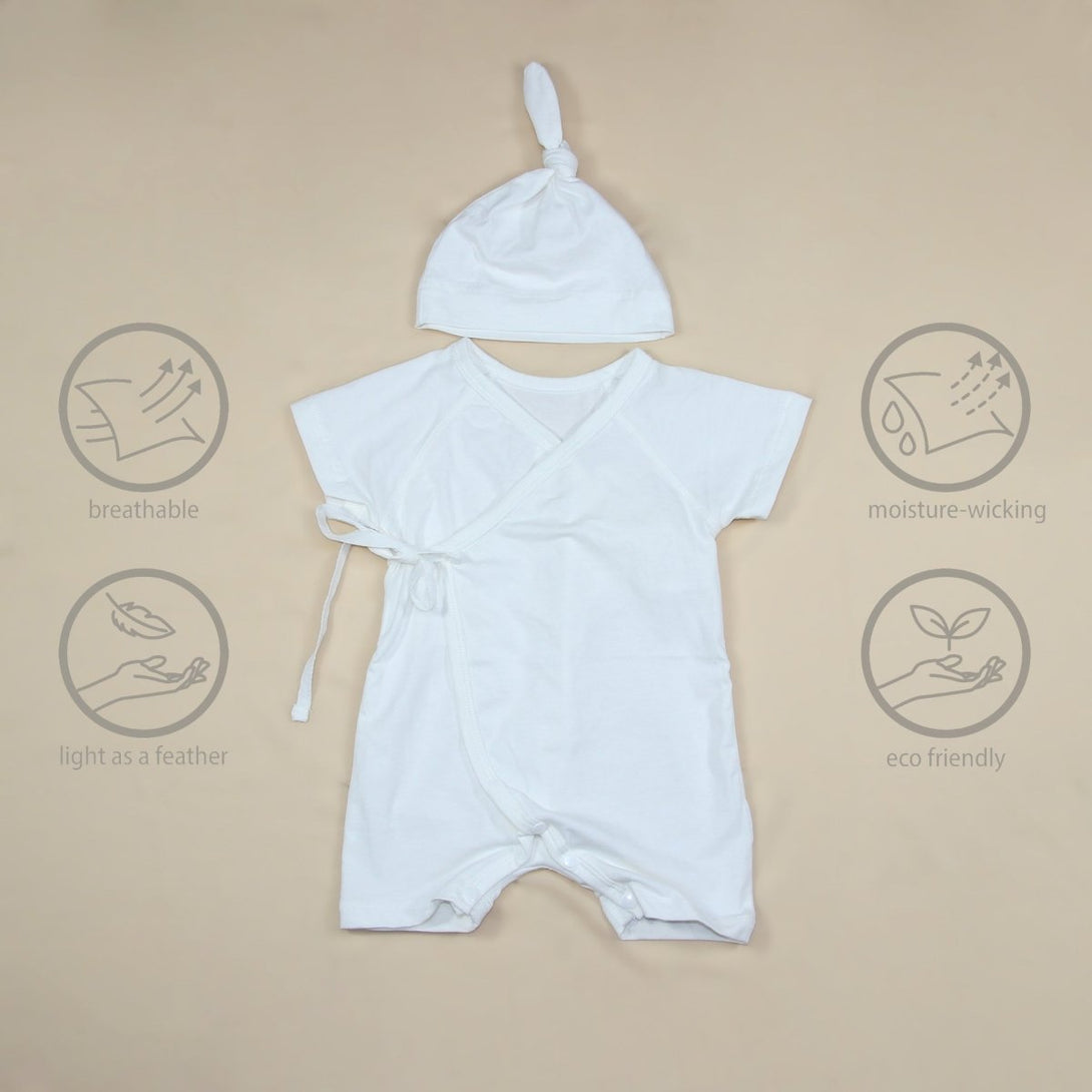 Personalized Baby Kimono Romper & Knotted Hat Set Gender Neutral Baby Clothes With Embroidered Name - BabiChic