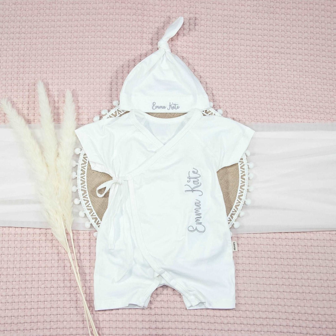 Personalized Baby Kimono Romper & Knotted Hat Set Gender Neutral Baby Clothes With Embroidered Name - BabiChic