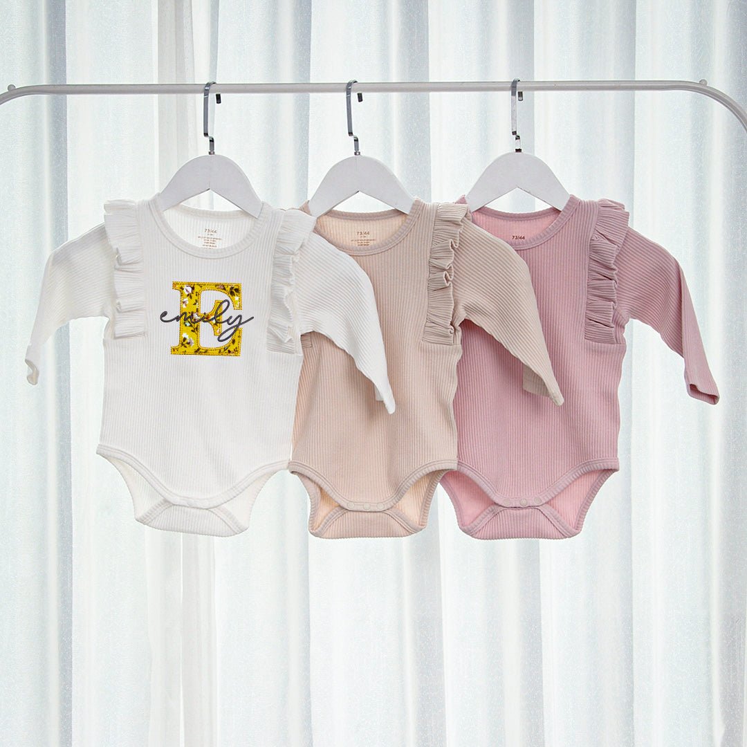 Personalized Baby Long Sleeve Onesies With Ruffled Shoulders And Bow Headband Walking Outfits For Girls - BabiChic