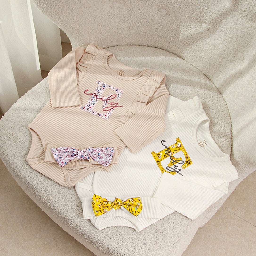 Personalized Baby Long Sleeve Onesies With Ruffled Shoulders And Bow Headband Walking Outfits For Girls - BabiChic