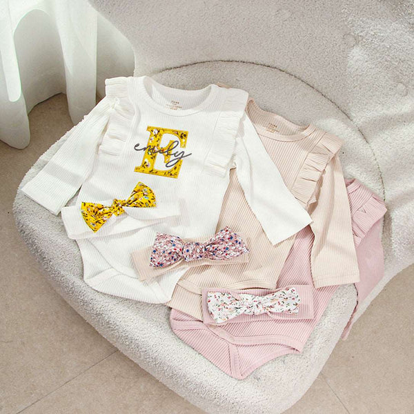 Personalized Baby Long Sleeve Onesies With Ruffled Shoulders And Bow Headband Walking Outfits For Girls - BabiChic