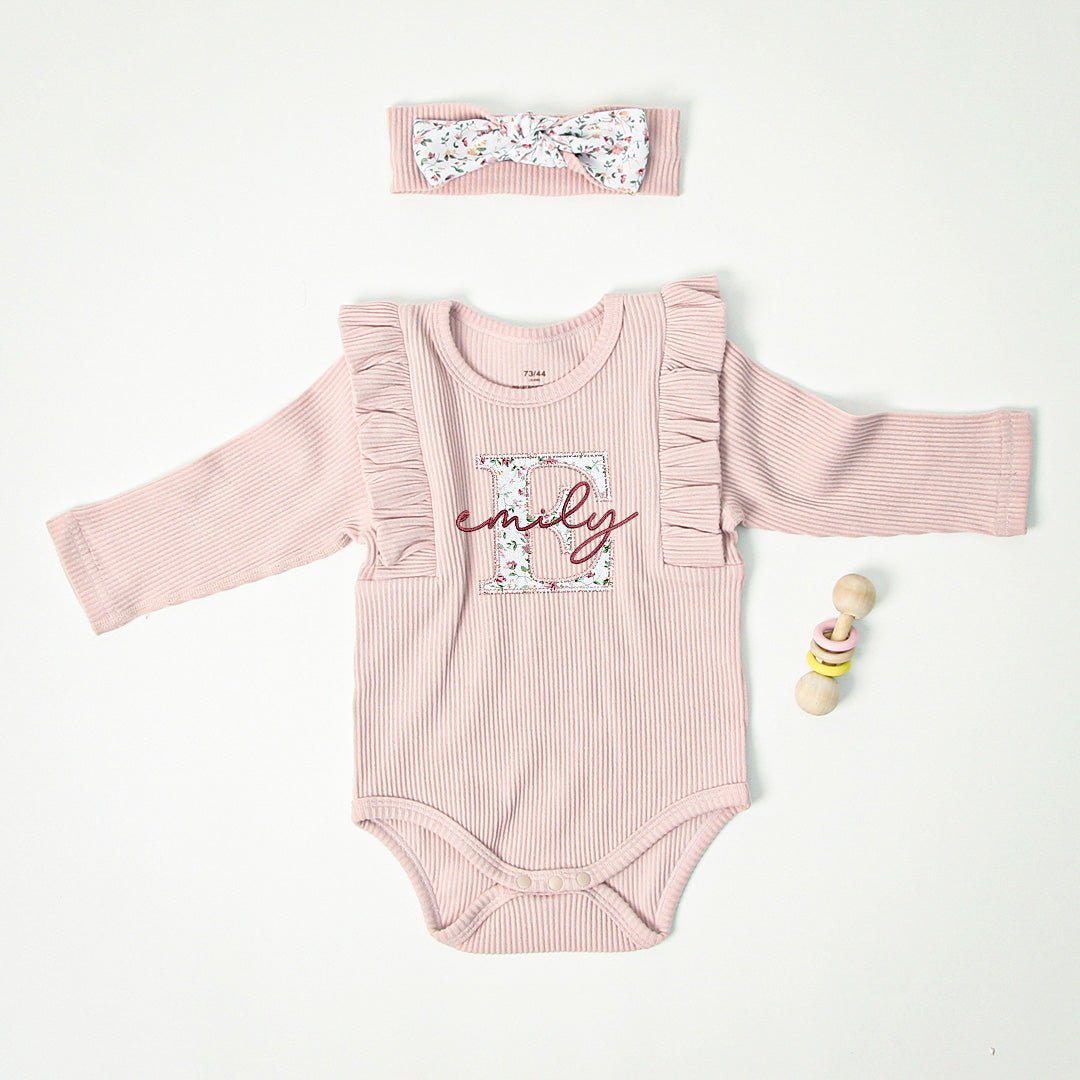 Personalized Baby Long Sleeve Onesies With Ruffled Shoulders And Bow Headband Walking Outfits For Girls - BabiChic