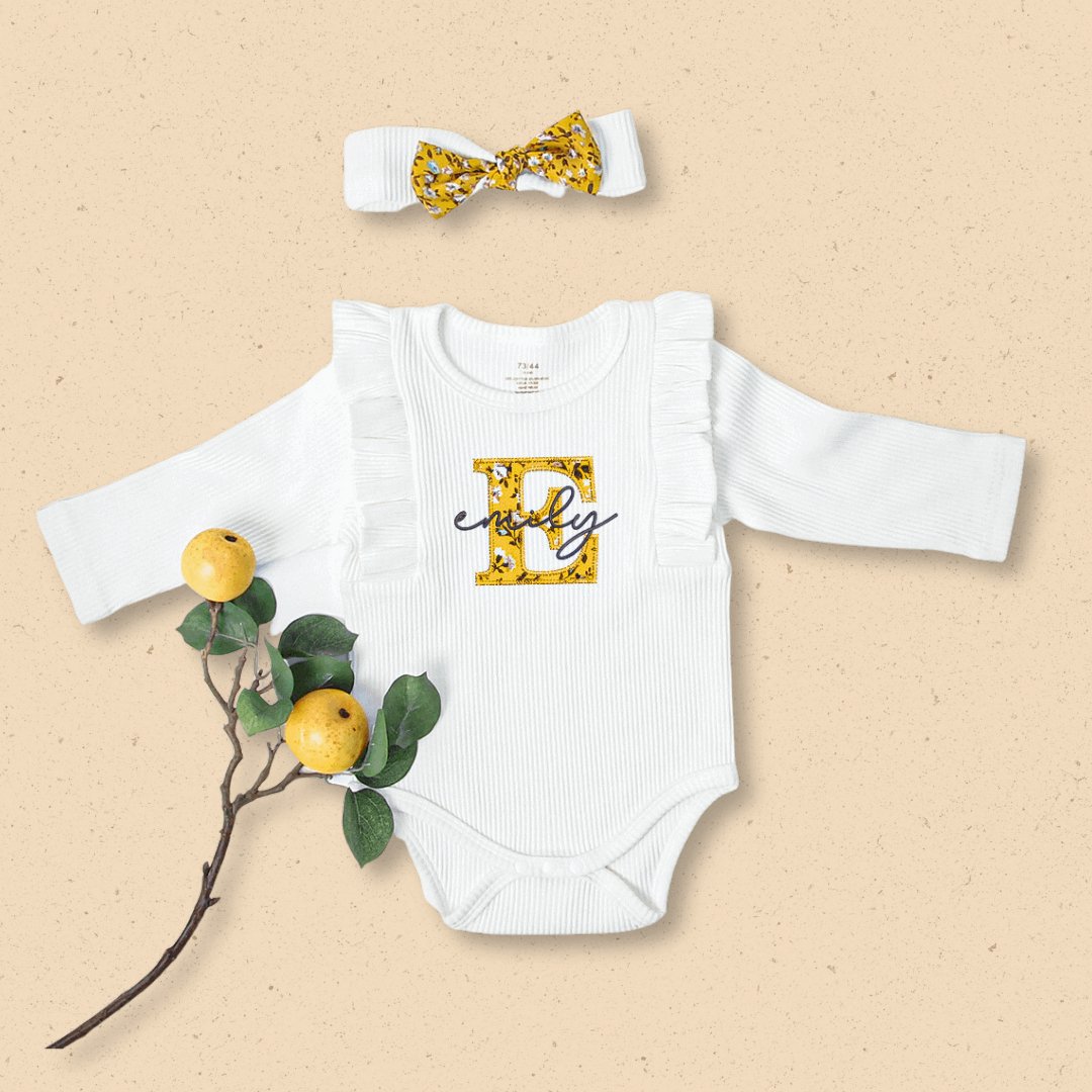 Personalized Baby Long Sleeve Onesies With Ruffled Shoulders And Bow Headband Walking Outfits For Girls - BabiChic