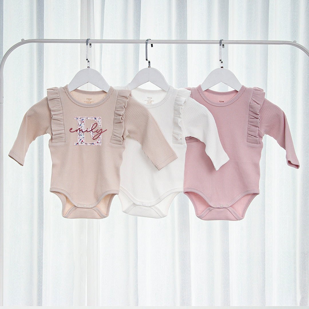 Personalized Baby Long Sleeve Onesies With Ruffled Shoulders And Bow Headband Walking Outfits For Girls - BabiChic